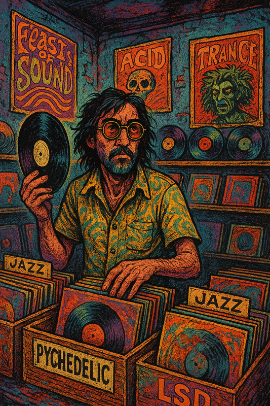 Drawing, Psychedelic Guy, Shopping, Vinyl Records, Record Store, Psychedelic