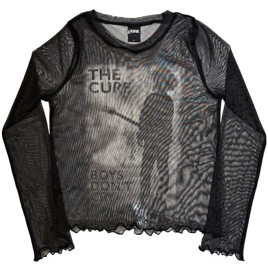 The Cure Boys Don't Cry B&W Ladies Long Sleeve Mesh Crop Top (Black) | Apparel